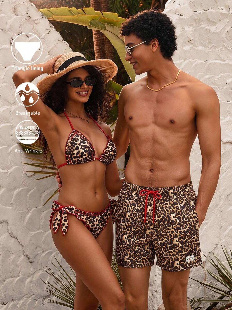 Manfinity Swimmode 米色夏季波希米亞風海灘度假男士豹紋斜口袋抽繩腰休閒夏威夷熱帶泳褲情侶款 - 彩色 - 查看 1