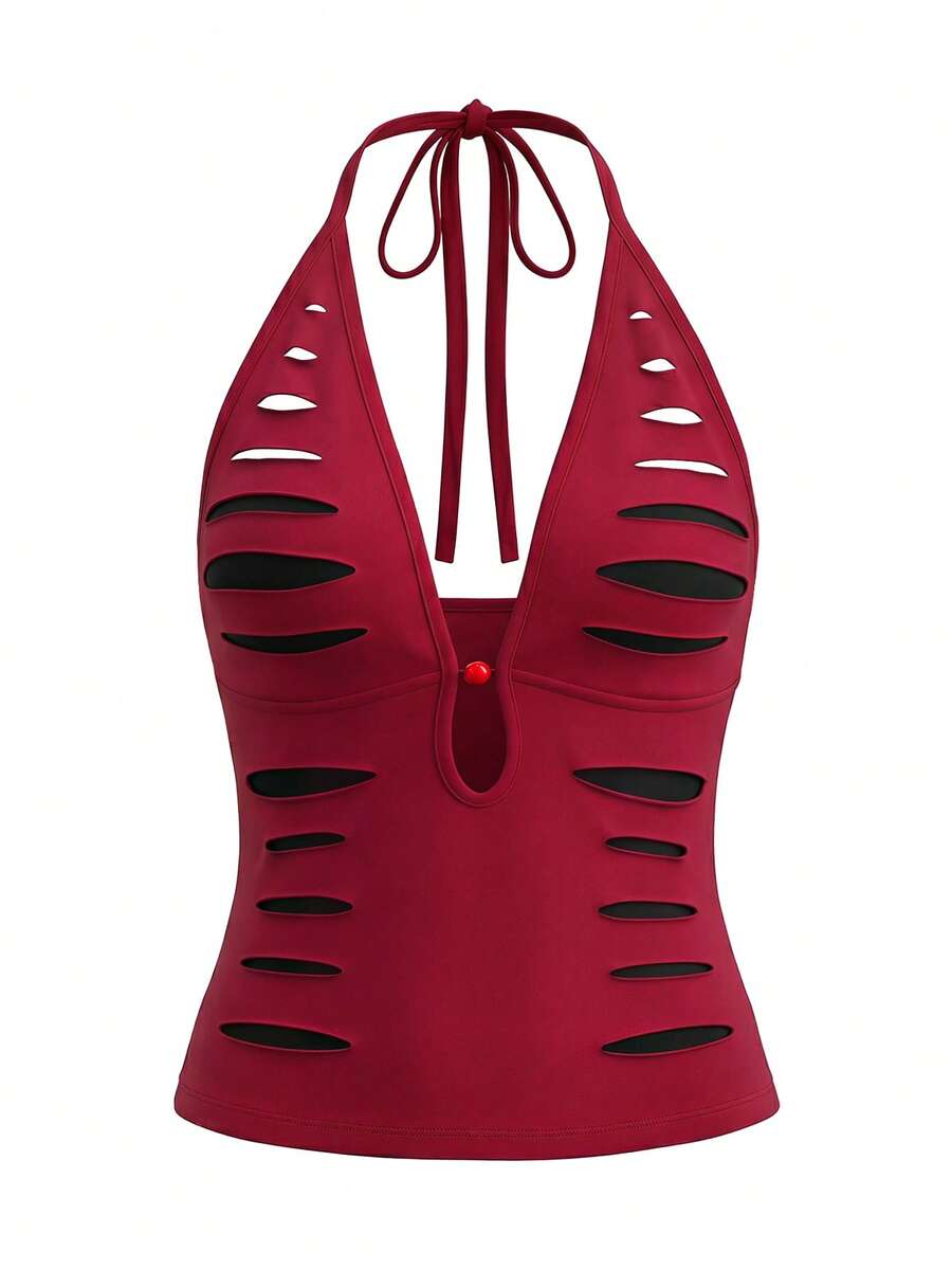 Rina Fox Áo tank top cổ yếm rách rưới năm 2026 cho mùa hè - Đỏ và đen - Xem 1