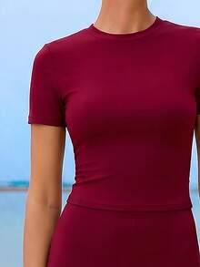 Swim Shayni Spring/Summer Fashion High-End Elegant Bandeau One-Piece Swimwear With Beach Sarong Skirt - Burgundy - View 6