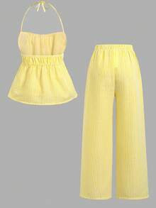 SHEIN Bộ đồ 2 món cho bé gái tuổi teen: Áo hai dây in hình quả anh đào kẻ caro và quần ống đứng, thích hợp cho kỳ nghỉ lễ. - Màu xanh lam - Xem 8