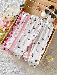 Cozy Pixies 4件套女婴休闲可爱碎花、草莓、樱桃印花纯色弹力腰针织裤，多件装 - 彩色 - 查看 4