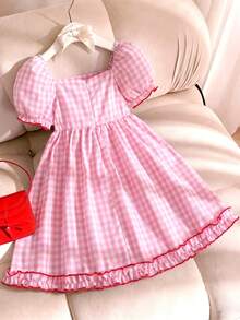 SHEIN Elladie kids 女童夏季新款露肩泡泡袖荷叶边蝴蝶结腰带格子A字可爱甜美公主裙 - 粉色 - 查看 3