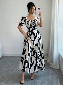 SHEIN Elenzya 春夏优雅度假休闲花瓣袖方领收腰修身连衣裙（女款） - 彩色 - 查看 4