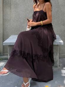 Dazy-Less Women's Lace Patchwork Ruffle Casual Party Midi Slip Dress, Spring & Summer - Coffee Brown - View 3