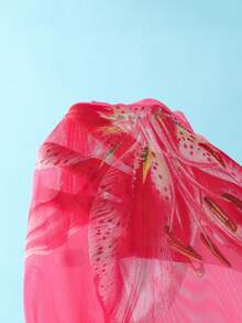 SHEIN 少女三件套比基尼，粉色荷叶边三角上衣和下装，长款纱笼，时尚优雅泳装，适合游泳、度假、夏季穿着（随机印花） - 紅色 - 查看 6