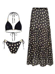 SHEIN Swim Oasis 女士黑色和黄色波点露背性感沙滩度假比基尼三件套，夏季 - 黑色 - 查看 2