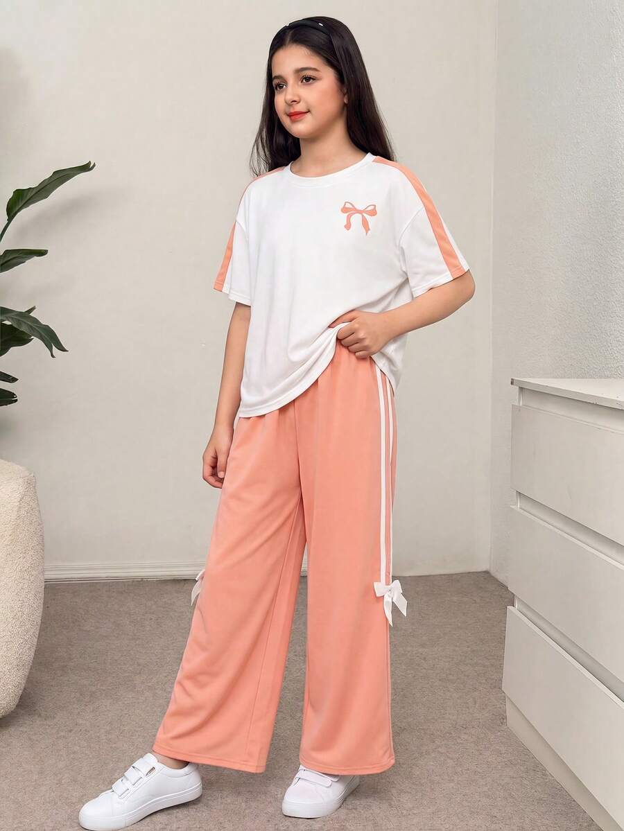 SHEIN 2pcs/Set Tween Girls Casual Retro Oversized Raglan Sleeve Contrast Color Bow Print Round Neck T-Shirt And Straight Leg Sweatpants Knit Suit, Pink - Pink - View 1