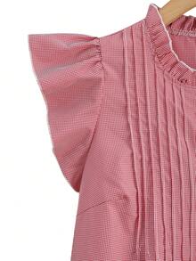 Franclia Plus Size Woven Ruffle Collar Drawstring Casual Cute Plaid Shirt Holiday Light Pink Summer - Red - View 3