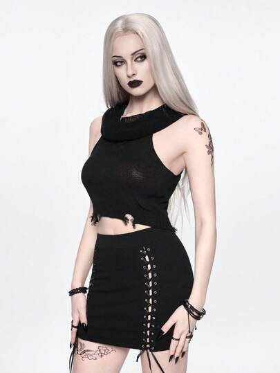 ROMWE Grunge Punk Áo len nữ, kiểu dáng cổ điển, phong cách Gothic Punk, gợi cảm, có mũ trùm đầu, mang hơi hướng kỳ nghỉ.