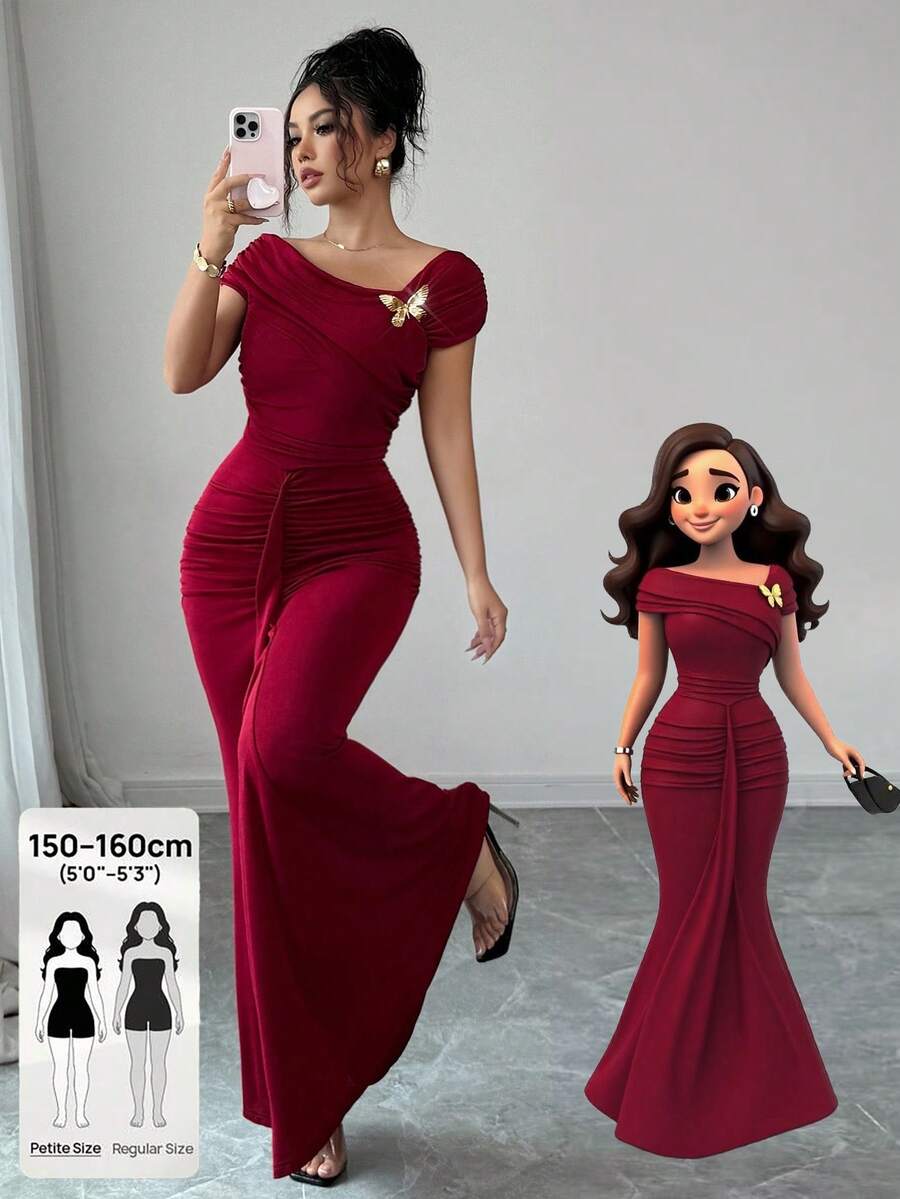 Modelyn Petite 复古纯色小码褶皱腰身不对称领金属纽扣修身鱼尾裙摆优雅晚宴礼服