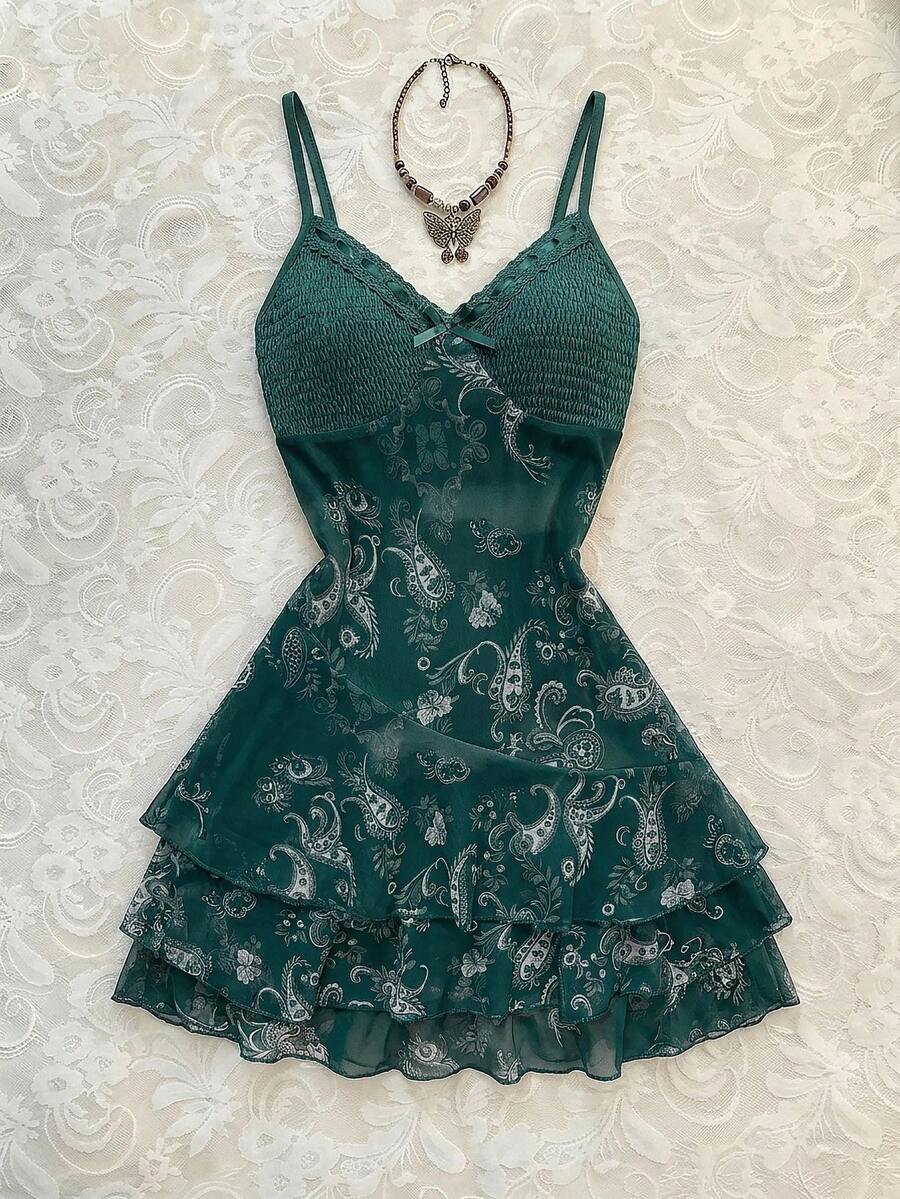 Elamini Robe femme, imprimé fleur de noix de cajou cachemire, marron vacances, patchwork contraste couleur maille imprimée - Vert sapin - Voir 1