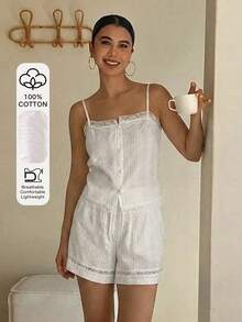DAZY 2pcs Lace Patchwork Camisole & Loose Straight Shorts Pajama Set, Women Summer Sleepwear - White - View 5