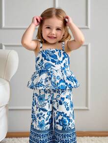 Ensemble décontracté de vacances pour bébé fille, composé d'un top à volants en coton tissé bleu rayé ajusté et confortable, et d'un pantalon large - Multicolore - Voir 4
