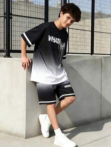 SHEIN Vacaura 2件套青少年男童休闲圆领短袖上衣和短裤套装，夏季 - 黑色 - 查看 1
