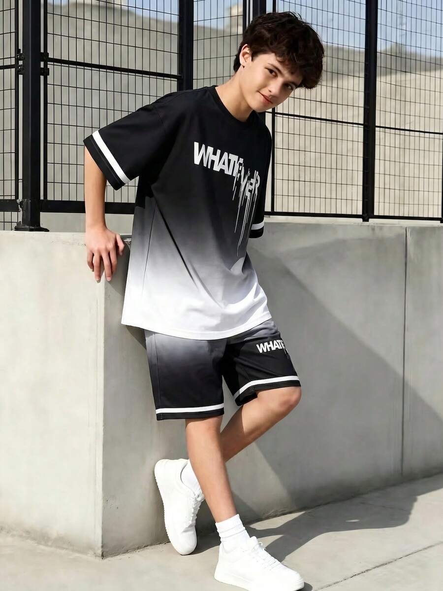 SHEIN Vacaura 2件套青少年男童休闲圆领短袖上衣和短裤套装,夏季 - 黑色 - 查看 1