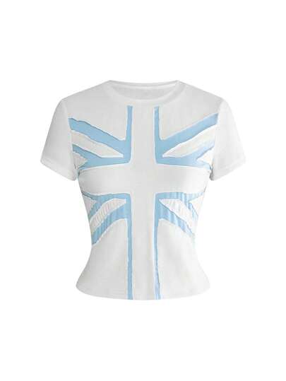 ROMWE Y2K Vintage Millennium Baddie National Flag Embroidered Fitted Women T-Shirt