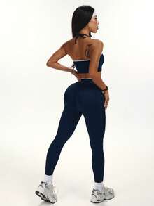 SHEIN Dewbera Bộ đồ tập yoga liền mạch dành cho nữ - Màu xanh hải quân - Xem 2