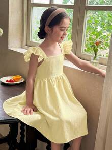 LMoss Kids Young Girl Woven Solid Color Square Neck Ruffle Hem Casual Dress - Mustard Yellow - View 6