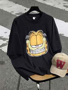 GARFIELD | SHEIN Men's Casual Cartoon Print Rhinestone Decor T-Shirt, Summer - Black - View 4