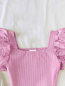 SHEIN 少女休闲简约舒适方领短袖纹理面料T恤 - 粉色 - 查看 3