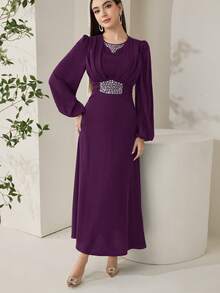 Veilorie Nuevo vestido de cóctel elegante y de lujo con cintura fruncida y adornos de strass, elegante para fiestas - Bold Plum - Ver 2