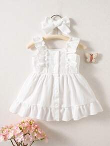 SHEIN 2Pcs Newborn Baby Girls Summer Cute Wedding Guest Dress Set White Wave-Patterned Cartoon-Print Ruffle Trim Soft Fabric Dress With Bow Headband 0-3M - White - View 5