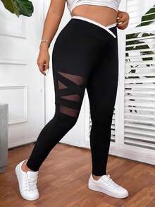 SHEIN PETITE CURVE 大码女式纯色基础款打底裤，撞色网纱透视打底裤，休闲、运动、春季、嘉年华穿着，黑色打底裤 - 黑色 - 查看 4