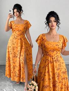 Vestido de verano elegante y estilizador para mujer de talla grande con cuello cuadrado francés, mangas con volantes, abertura en el bajo, adecuado para uso casual, vacaciones ligeras, ocasiones sociales, fiestas de cóctel y citas - Naranja - Ver 6