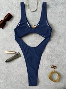 Bonvoyette Traje de baño de una pieza de vacaciones sexy con adorno único, de unicolor, con tirantes gruesos y parte delantera hueca - Azul Marino - Ver 2