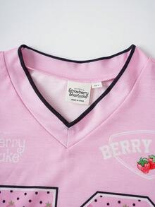 Strawberry Shortcake X SHEIN 1pc Cute & Fun Style Girls' V-Neck T-Shirt - Pink - View 3