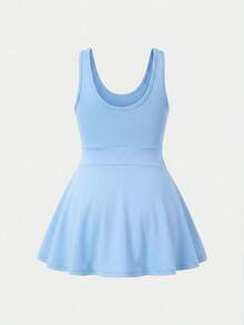 SHEIN 女童无袖圆领连衣裙，带口袋，休闲喇叭裙摆瑜伽运动服，夏季 - 藍色 - 查看 2