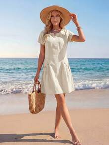 Sylviya Vestido casual de verano para mujer de algodón, unicolor con bolsillos duales - Albaricoque - Ver 3