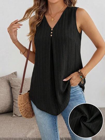 EMERY ROSE Mother's Day Women's Casual Black Striped Textured Fabric Plus Size V-Neck Shirt, Black Top, Summer Tank Top, Summer Outfit, Summer Clothing