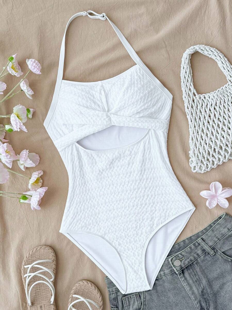 SHEIN 少女夏季度假露背镂空白色针织纹理连体泳衣 - 白色 - 查看 1