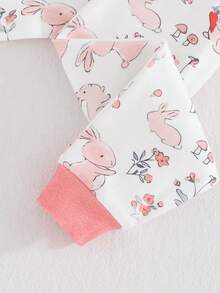 Cozy Pixies Conjunto de pijama ajustado para bebé niña, con estampado de conejo y seta de dibujos animados, de punto suave, cuello redondo, manga corta y leggings de cintura elástica - Multicolor - Ver 6