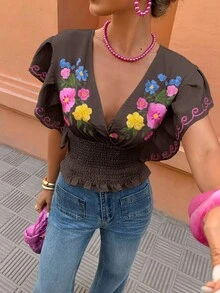 Flora Isola Flora Isola 标准尺码女士春夏交叉领口花卉刺绣休闲度假衬衫 - 巧克力棕 - 查看 5