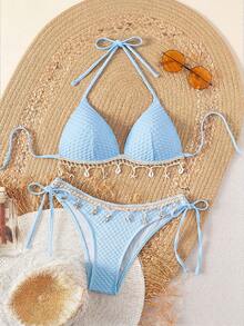 Swim Vcay Springbreak Solid Color Textured Fabric Shell Strap Decor Halter Bikini Top And Tie-Side Triangle Bikini Bottom, Summer Beach Party Swimwear Set For Women - Blue - View 1