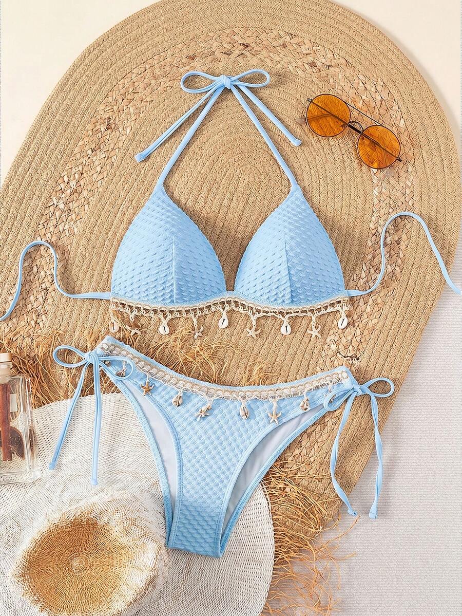 Swim Vcay Springbreak Solid Color Textured Fabric Shell Strap Decor Halter Bikini Top And Tie-Side Triangle Bikini Bottom, Summer Beach Party Swimwear Set For Women - Blue - View 1