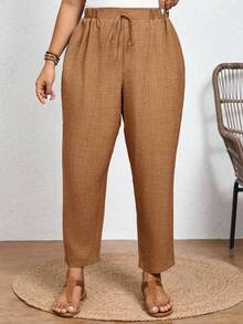 SHEIN Frenchy Pantalones casuales de talla grande de unicolor con cintura elástica y bolsillos en diagonal - Marrón Mocha - Ver 3