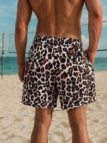Manfinity Swimmode 大尺碼男士休閒波西米亞風豹紋抽繩腰沙灘短褲，夏季度假夏威夷熱帶泳褲洗澡沙灘褲，米色卡其色 - 黑色 - 查看 4