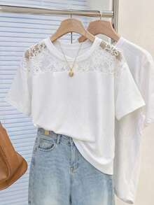 Resyla Camiseta de mujer minimalista y de moda con cuello en V de encaje, regalo para amigos - Blanco - Ver 1