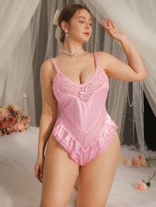 SHEIN Plus Size Satin, Faille, Lace Patchwork Ruffle Trim Deep V Cinched Waist Elegant Romper Lingerie - Pink - View 4
