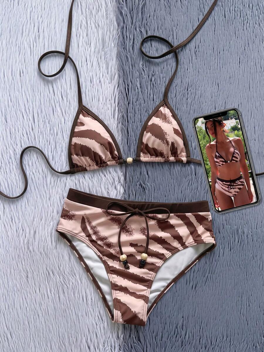 Swim Chiccia Bộ bikini nữ buộc dây cổ yếm, họa tiết hoa, đính hạt cườm, có dây rút. - Nhiều màu - Xem 1