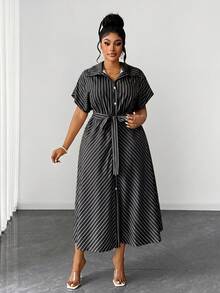Maweii Plus Size Women Summer Bowknot Decor Pink & White Striped Dress - Black and White - View 5