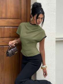 Siren Gaze Wrinkled Collar Asymmetrical Sleeve Side Ruched Cinched Waist Office Wear Bamboo Fiber Fabric Women Shirt, Contrast Color Trim Shirt, All Season,Summer Top - Army Green - View 4