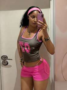StreetHx 2pcs/Set Women Numeric Print Camisole Top And Super Short Shorts - Multicolor - View 3