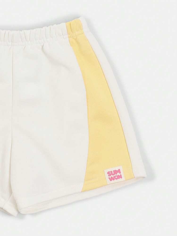 Girls White Raglan Sleeve Tee And Shorts Two Piece Summer Outfit Set With Contrast Panels Beach Cute