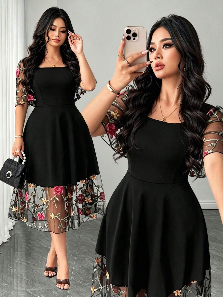 Elenzga Plus Size Women's Spring/Summer Mesh Patchwork Knit Fabric Square Collar Petal Sleeve A-Line Loose Casual Elegant Dress For Daily, Work, Vacation - Multicolor - View 1