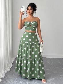 Elenzga Conjunto de 2 piezas talla grande: Top bandeau azul elegante con nudo y falda maxi plisada, estilo de vacaciones para el verano - verde menta - Ver 6