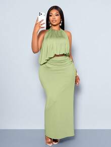 SOLERSUN Vestido de mujer talla grande con cuello halter y drapeado en un solo color - Adecuado para varias ocasiones. - Verde - Ver 6